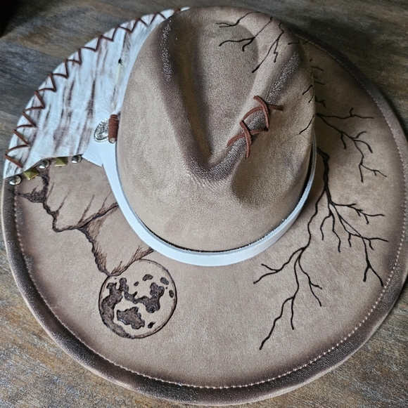 NWT Mocha Hand Burned Western Fedora Cowboy Hat With Genuine Leather main image 12